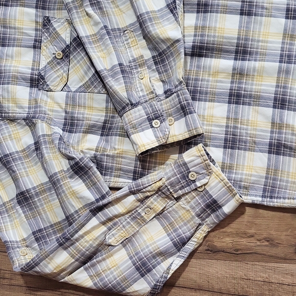 TIMBERLAND GRAY YELLOW PLAID ROLL TAB COTTON WESTERN BUTTON DOWN BUTTON SHIRT - Picture 8 of 15